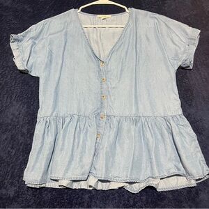 MINE Top Womens Large Blue Chambray Ruffled Button Blouse Shirt Lyocell Babydoll